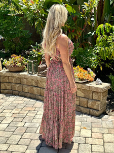 You will receive endless compliments in this timeless sleeveless beautiful boho dress.  It's perfect for spring, summer or warm fall days .  It's lightweight, colorful, fun with a ruffled v-neckline and ruffled skirt. Multi-color paisley print in salmon pink, sage green, bronze and light pink. Made by Karma Highway.  ONE SIZE FITS MOST.