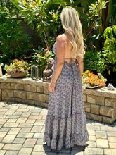 Load image into Gallery viewer, One of our top selling dresses is back!  You will receive endless compliments in this timeless beautiful boho dress.  It&#39;s perfect for spring, summer or warm fall days .  It&#39;s lightweight, colorful, fun and sexy with a plunge neckline and open back. Multi-color paisley print in purple, olive green and celadon green. Made by Karma Highway.  ONE SIZE FITS MOST.
