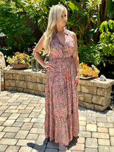 Load image into Gallery viewer, You will receive endless compliments in this timeless sleeveless beautiful boho dress.  It&#39;s perfect for spring, summer or warm fall days .  It&#39;s lightweight, colorful, fun with a ruffled v-neckline and ruffled skirt. Multi-color paisley print in salmon pink, sage green, bronze and light pink. Made by Karma Highway.  ONE SIZE FITS MOST.
