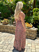 Load image into Gallery viewer, You will receive endless compliments in this timeless sleeveless beautiful boho dress.  It&#39;s perfect for spring, summer or warm fall days .  It&#39;s lightweight, colorful, fun with a ruffled v-neckline and ruffled skirt. Multi-color paisley print in salmon pink, sage green, bronze and light pink. Made by Karma Highway.  ONE SIZE FITS MOST.
