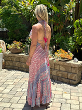Load image into Gallery viewer, One of our top selling dresses is back!  You will receive endless compliments in this timeless beautiful boho dress.  It&#39;s perfect for spring, summer or warm fall days .  It&#39;s lightweight, colorful, fun and sexy with a plunge neckline and open back. Multi-color print in Barbie pink, royal blue and white. Made by Karma Highway.   ONE SIZE FITS MOST.
