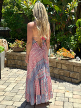 Load image into Gallery viewer, One of our top selling dresses is back!  You will receive endless compliments in this timeless beautiful boho dress.  It&#39;s perfect for spring, summer or warm fall days .  It&#39;s lightweight, colorful, fun and sexy with a plunge neckline and open back. Multi-color print in Barbie pink, royal blue and white. Made by Karma Highway.   ONE SIZE FITS MOST.
