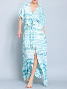 Sea Blue and White Kimono Sleeve Maxi Dress