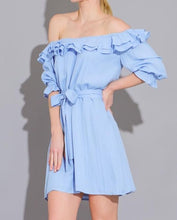 Load image into Gallery viewer, Light Blue Off-Shoulder Ruffle Mini Dress

