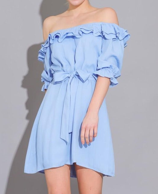 Out of The Blue Off-Shoulder Ruffled Mini Dress