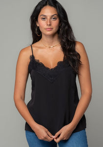 Made You Look Flowy Lace Trim Cami - Black