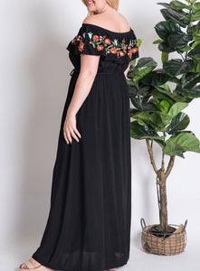 Me Enamore Embroidered Ruffle Off Shoulder Maxi Dress - Black
