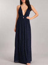 Load image into Gallery viewer, Navy Dot Low Cut V-Neck Maxi Dress
