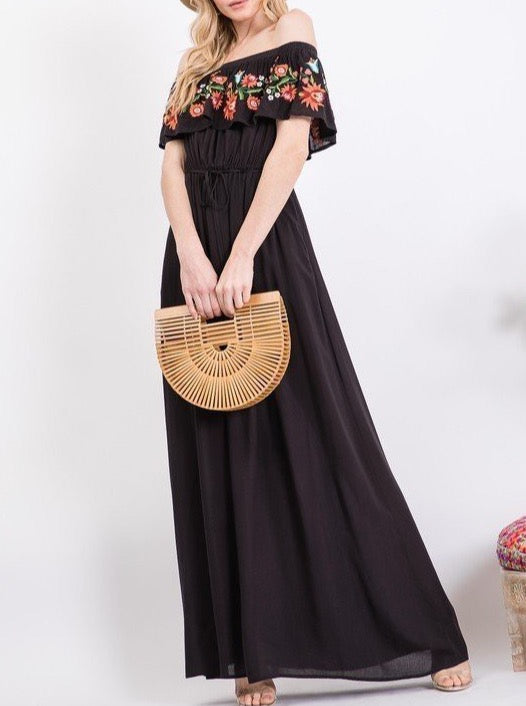 BLACK EMBROIDERED OFF SHOULDER RUFFLE MAXI