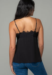 Made You Look Flowy Lace Trim Cami - Black