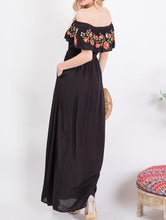 Load image into Gallery viewer, Me Enamore Embroidered Ruffle Off Shoulder Maxi Dress - Black
